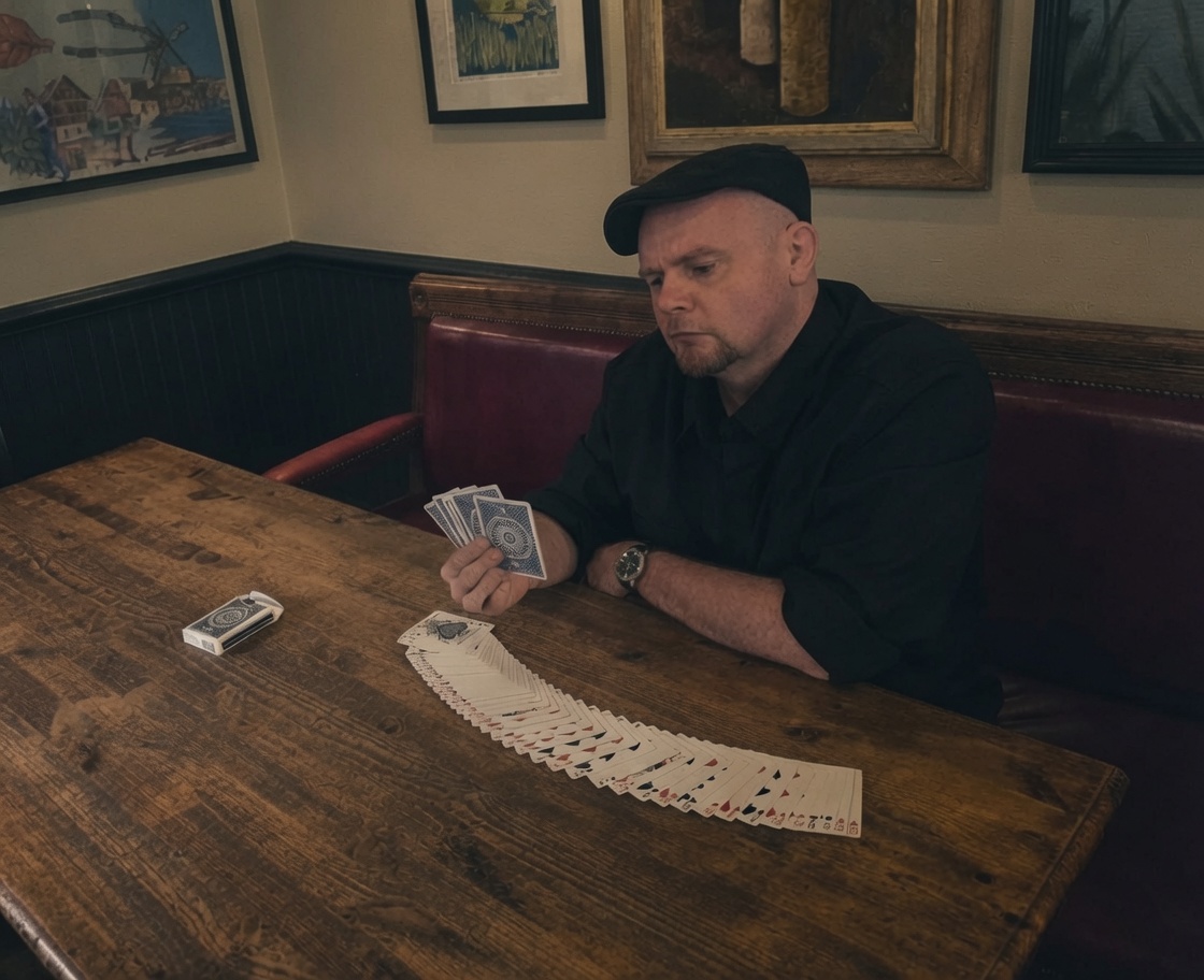 Daniel Enso, seated at a table performing a card fan